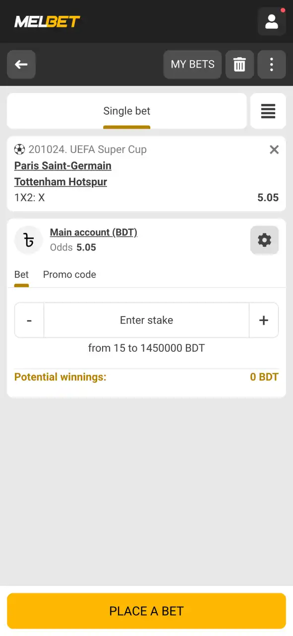 Choose between single, combo, or system bets on Melbet and confirm your bet slip.